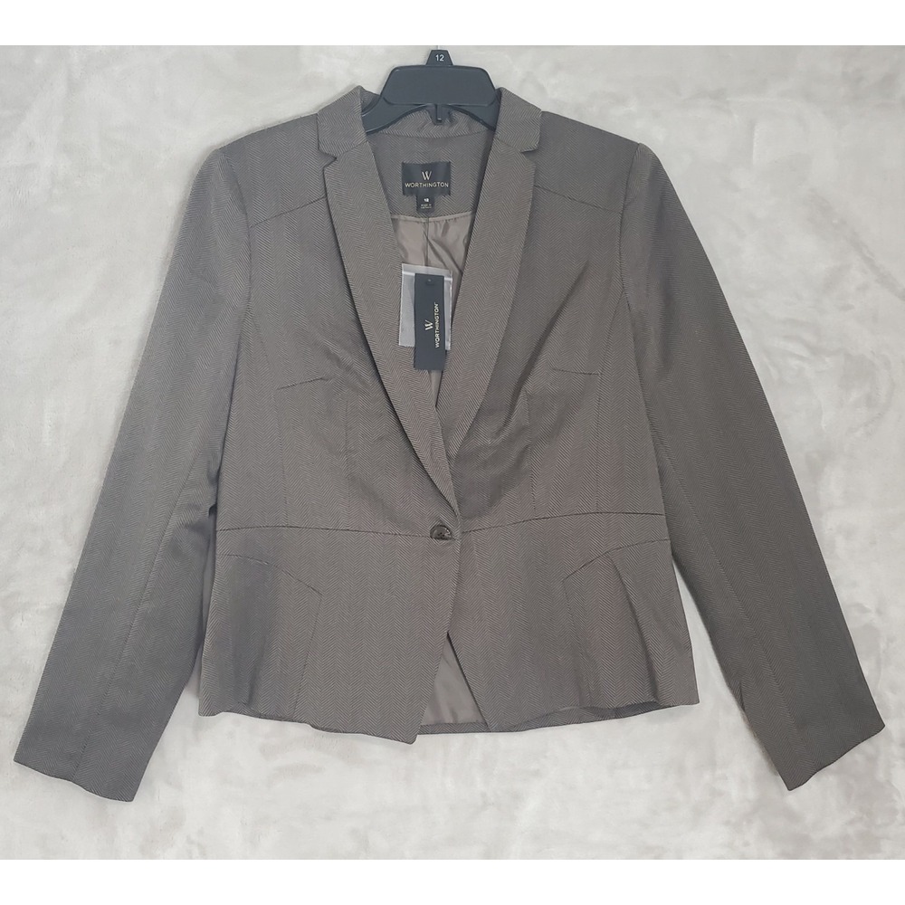 Worthington Suit Coat Womens 12 Brown Herringbone One Button Blazer Jacket NWT